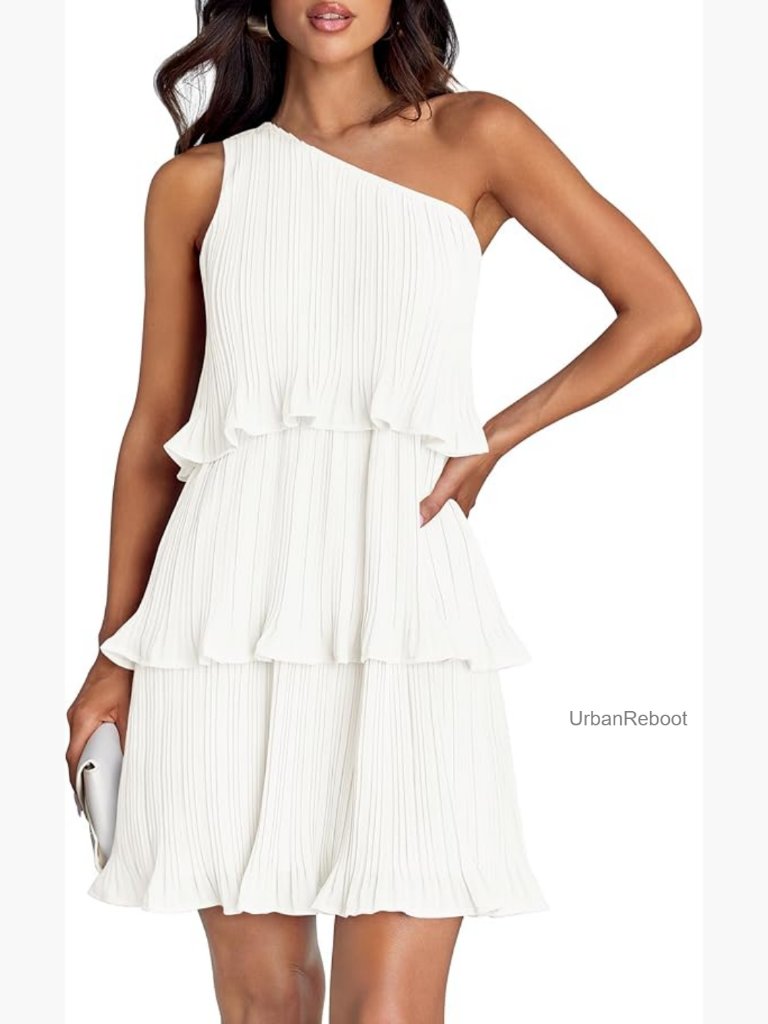Sleeveless One Shoulder Ruffle Tiered Mini Dress Flowy A Line